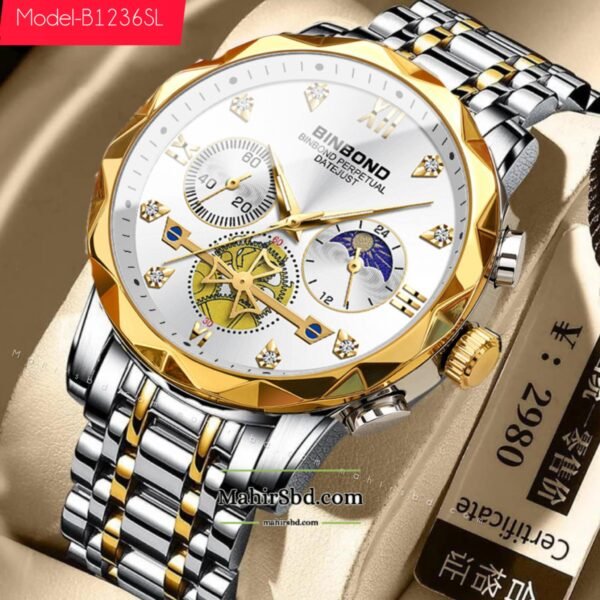 BINBOND 1236SL Luxury (Single Lock) Men's Watch-Golden Silver