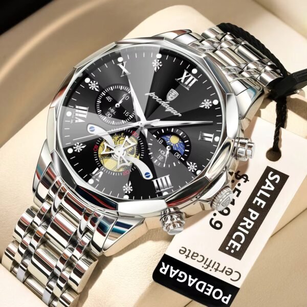 POEDAGAR 938 Men’s Fashion New Stainless Steel Quartz Watch- Silver Black