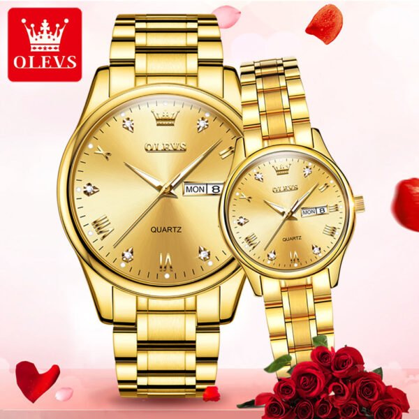 OLEVS 5563 Premium Luxury Couple Watch Stainless Steel-Golden