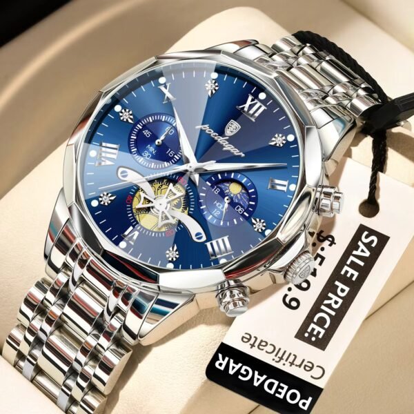 POEDAGAR 938 Men’s Fashion New Stainless Steel Quartz Watch- Silver Blue
